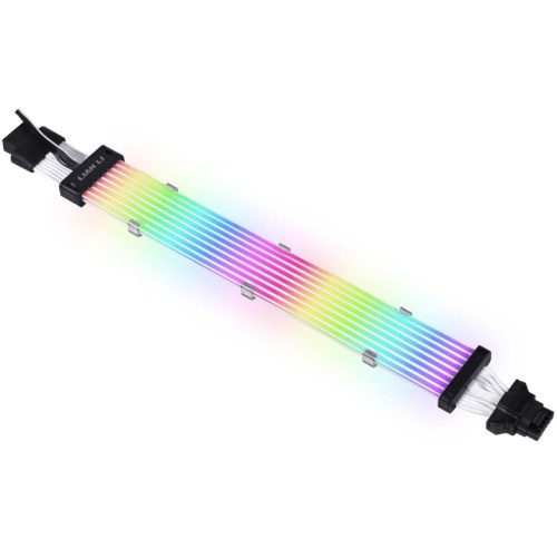 Cabo Lian Li Strimer Plus V2 para conexão 12+4-Pin (12VHPWR), com iluminação ARGB e 8 guias de luz.